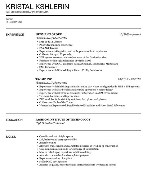 sheet metal resume examples